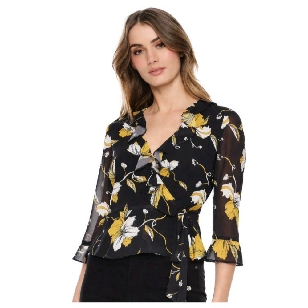 Bardot Women's Wrap Blouse Large‎ Black Floral V Neck Bell Sleeves Office Classy